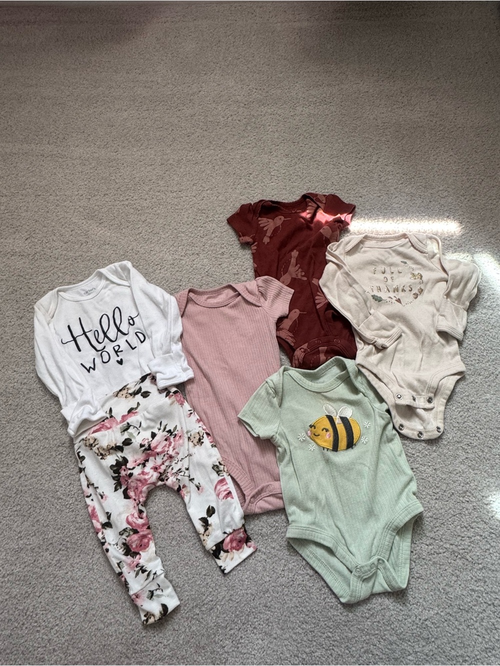 Assorted Baby One-Piece Bodysuit Set in White, Pink, Burgundy, Cream & Mint